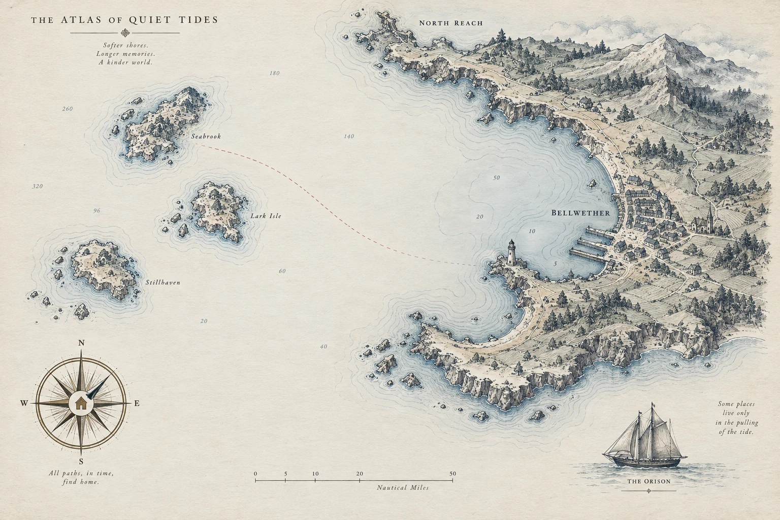 Illustrated atlas concept for the waters around Bellwether, with a moonlit route across an aged maritime chart