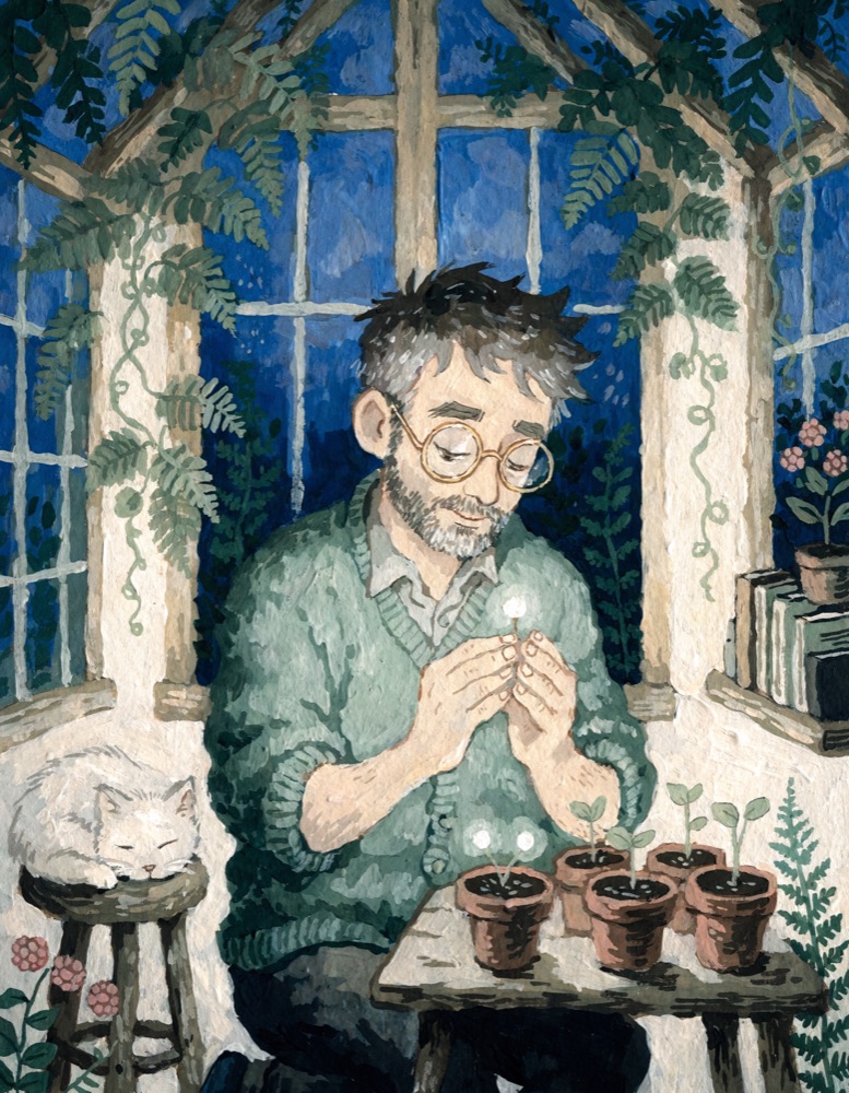 Gouache painting of a bearded plant mage in round glasses cupping a glowing seedling in a vine-covered greenhouse, a white cat asleep nearby.
