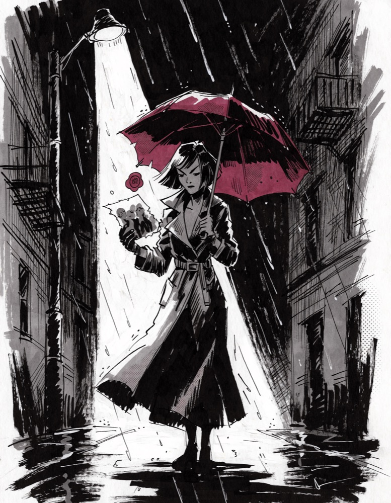 Ink drawing of a detective in a trench coat reading a torn photograph under a streetlamp, holding the only red object: an umbrella.