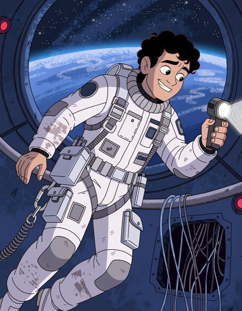 A grinning engineer in a patched white work suit floats beside an open wiring panel, a planet glowing through the station window.